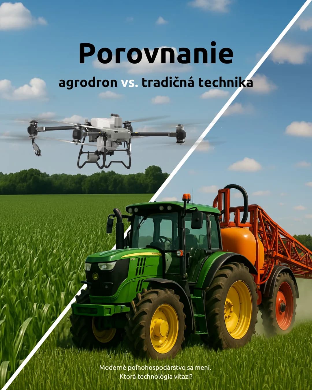 Vertikální úvodní slajd s dronem nad polem a traktorem oddělenými diagonálou