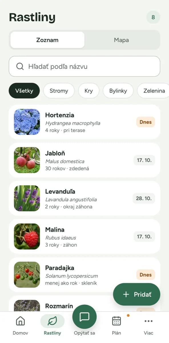 Seznam rostlin a hlavní navigace Flori.