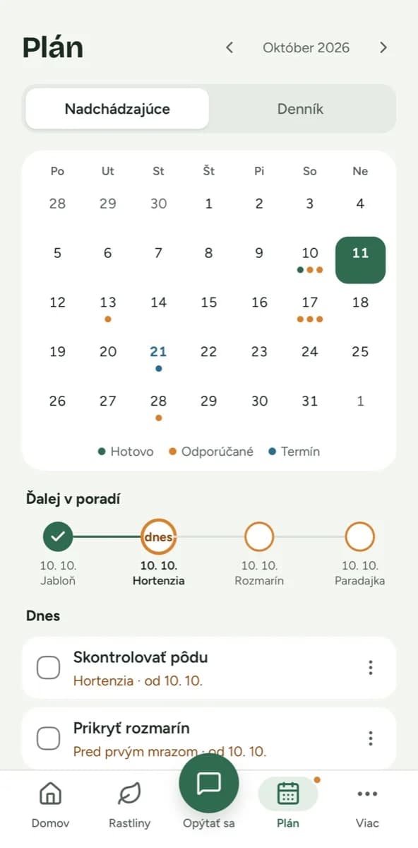 Kalendář péče ve webové aplikaci Flori.