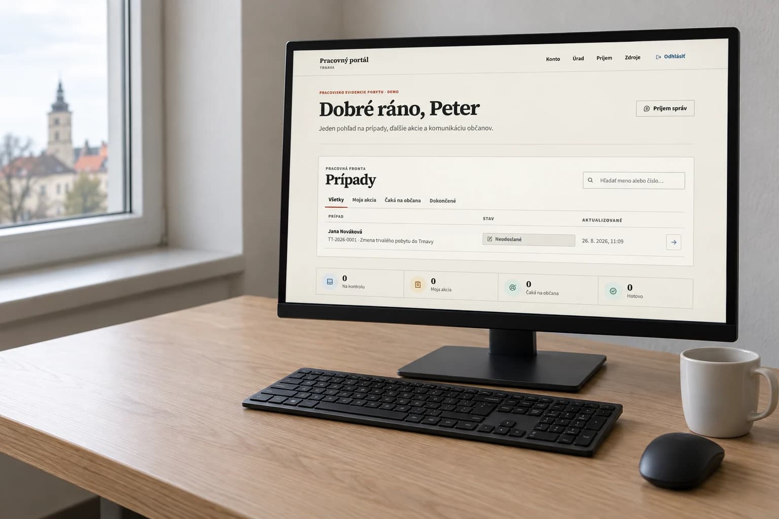 A monitor on an office desk with the clerk portal and a demo case still unsent