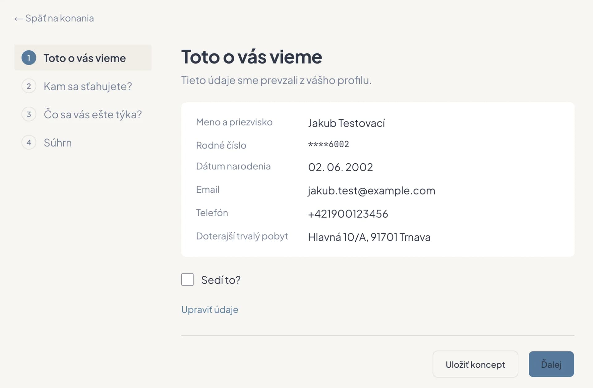 First step of the dynamic form with data carried over from the resident profile