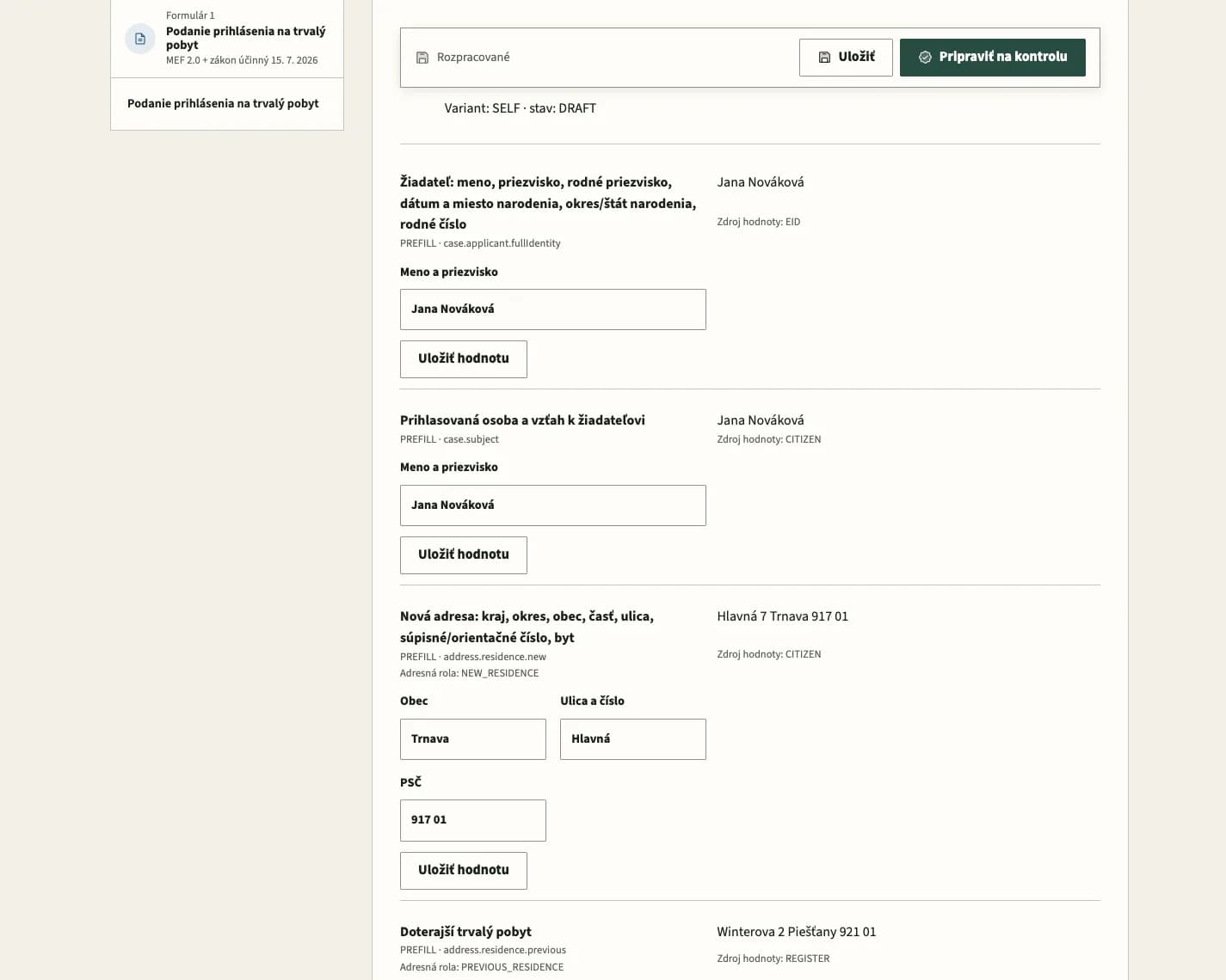 The residence registration form with prefilled values and the source of each one