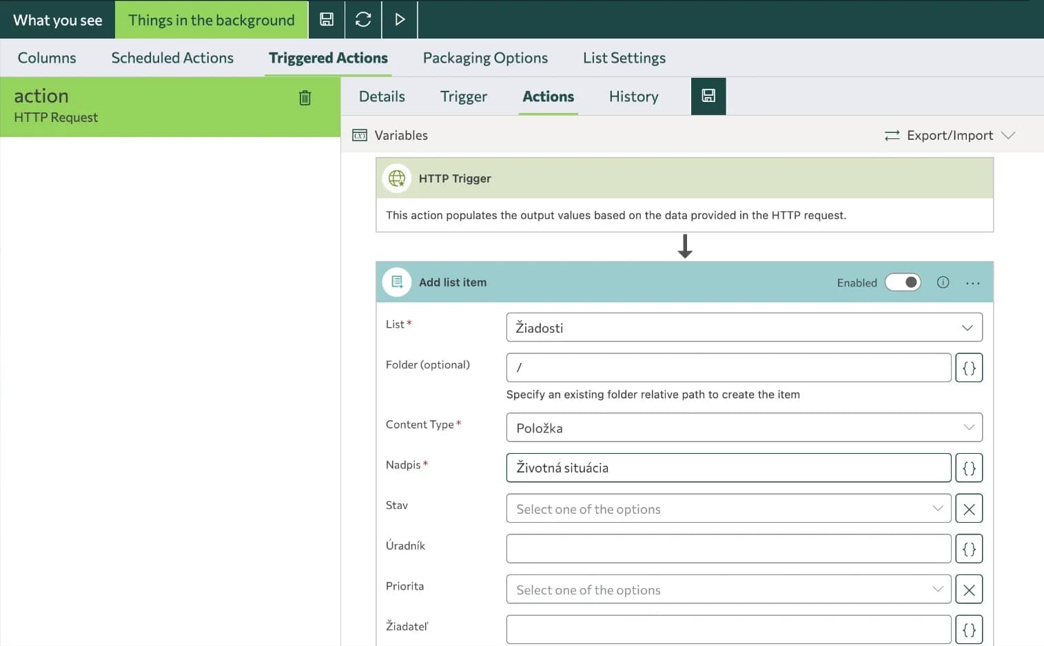 Skybow action configuration writing a request into a SharePoint list