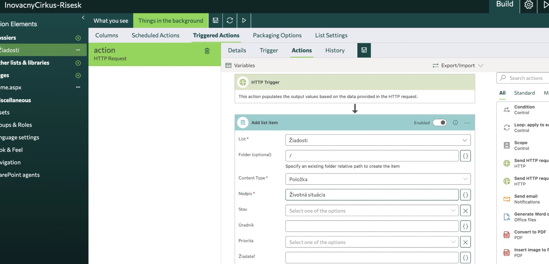 Skybow action configuration writing a request into a SharePoint list