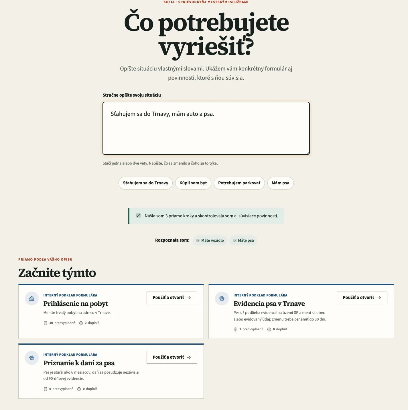 The screen where a situation is described in plain words and the steps it found