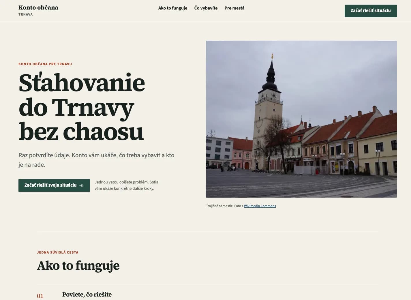 Konto občana landing screen for Trnava, headlined on moving without the chaos