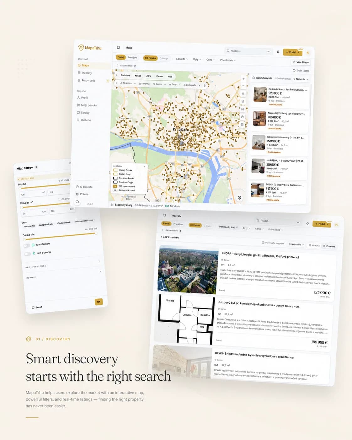 MapaTrhu search map with filters and a listing feed