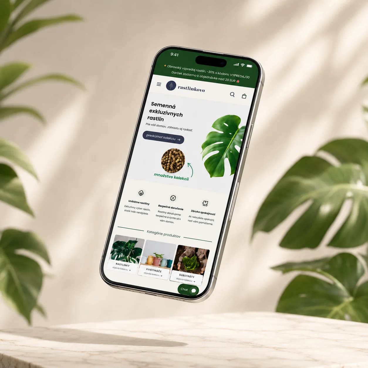 Rastlinkovo homepage on a phone among plants