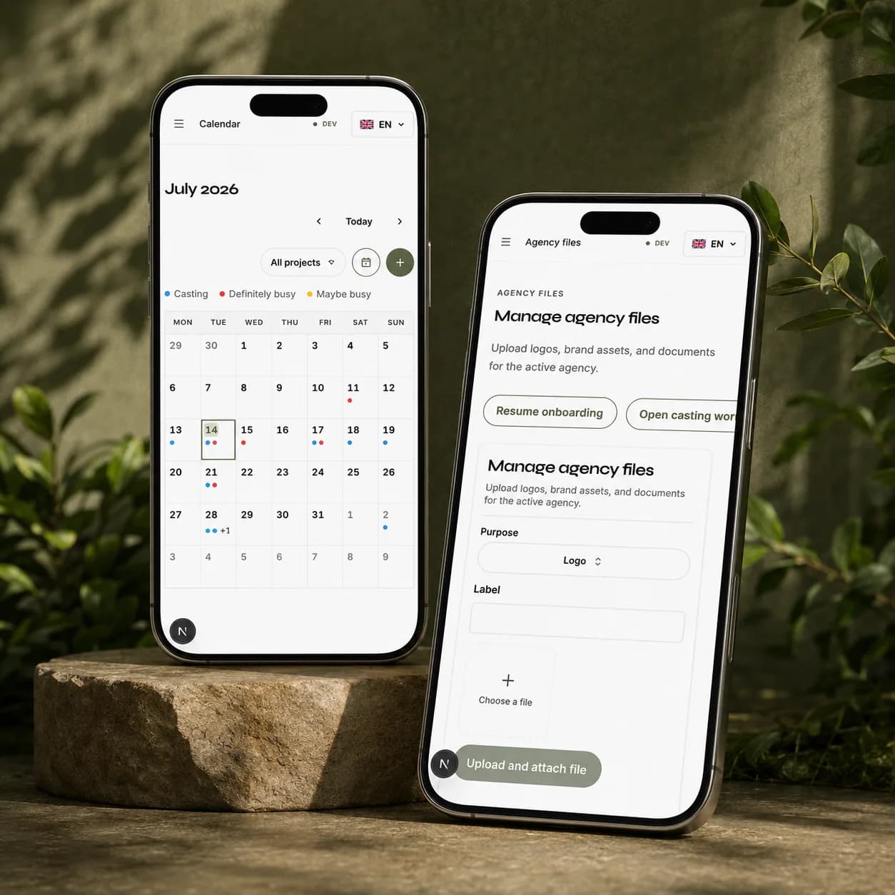 Slates calendar and agency settings on two phones
