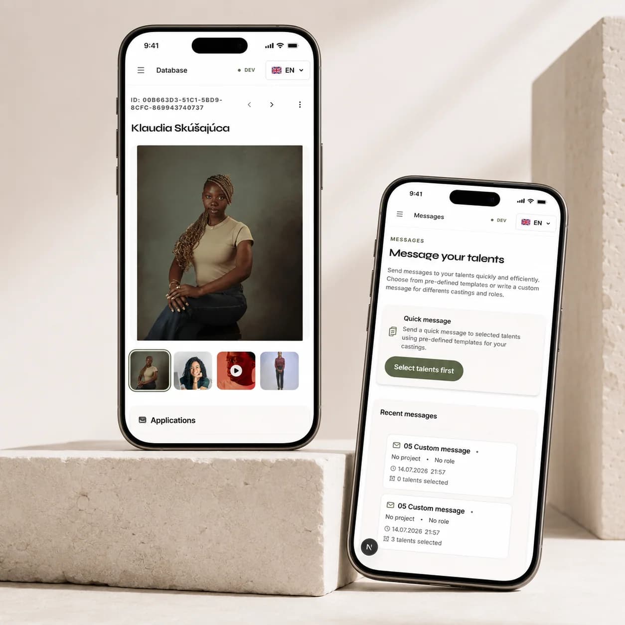 Slates talent profile and messages on two phones