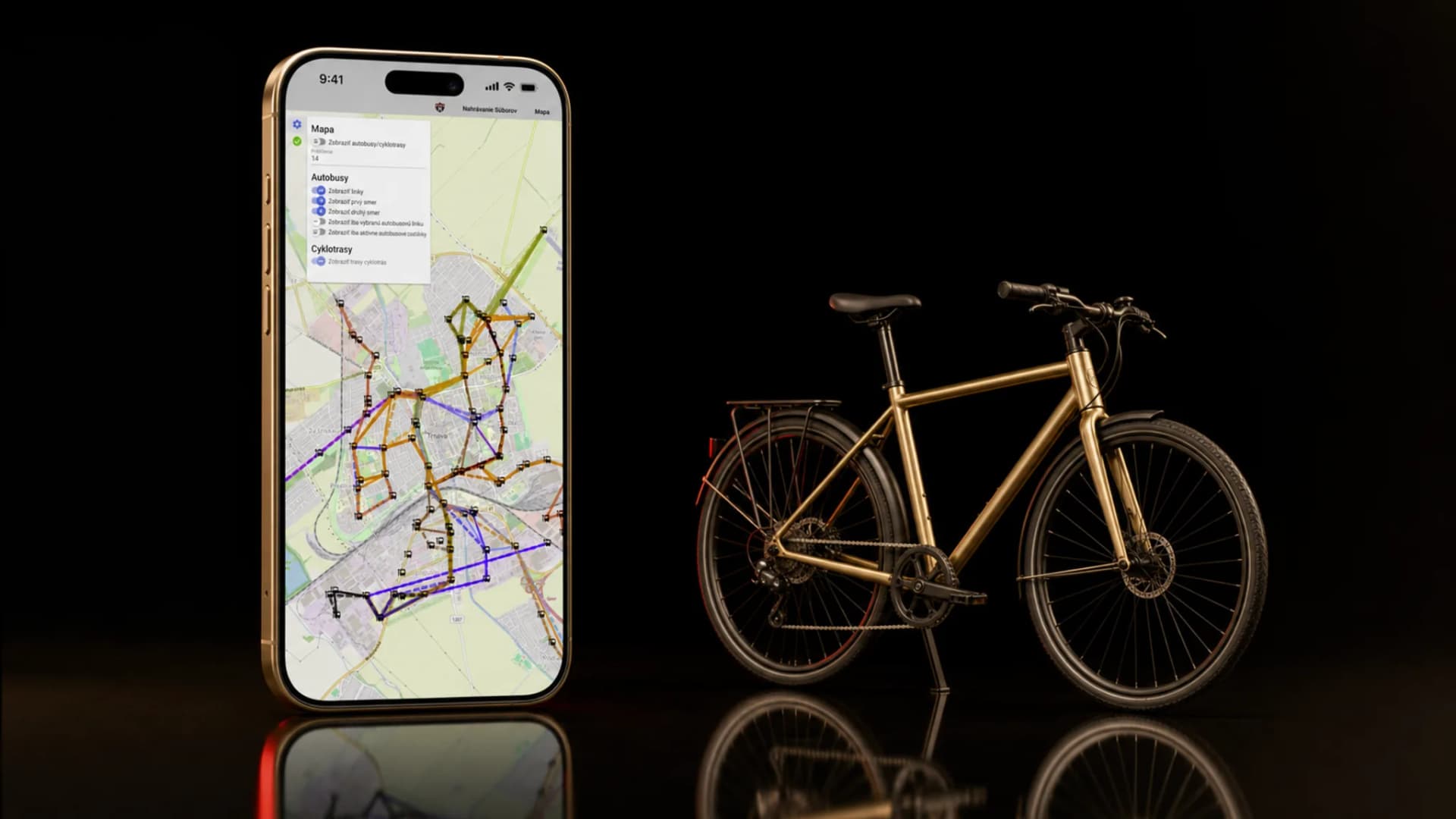 Editorial presentation of Trnava cycle analysis on an iPhone beside a gold bicycle
