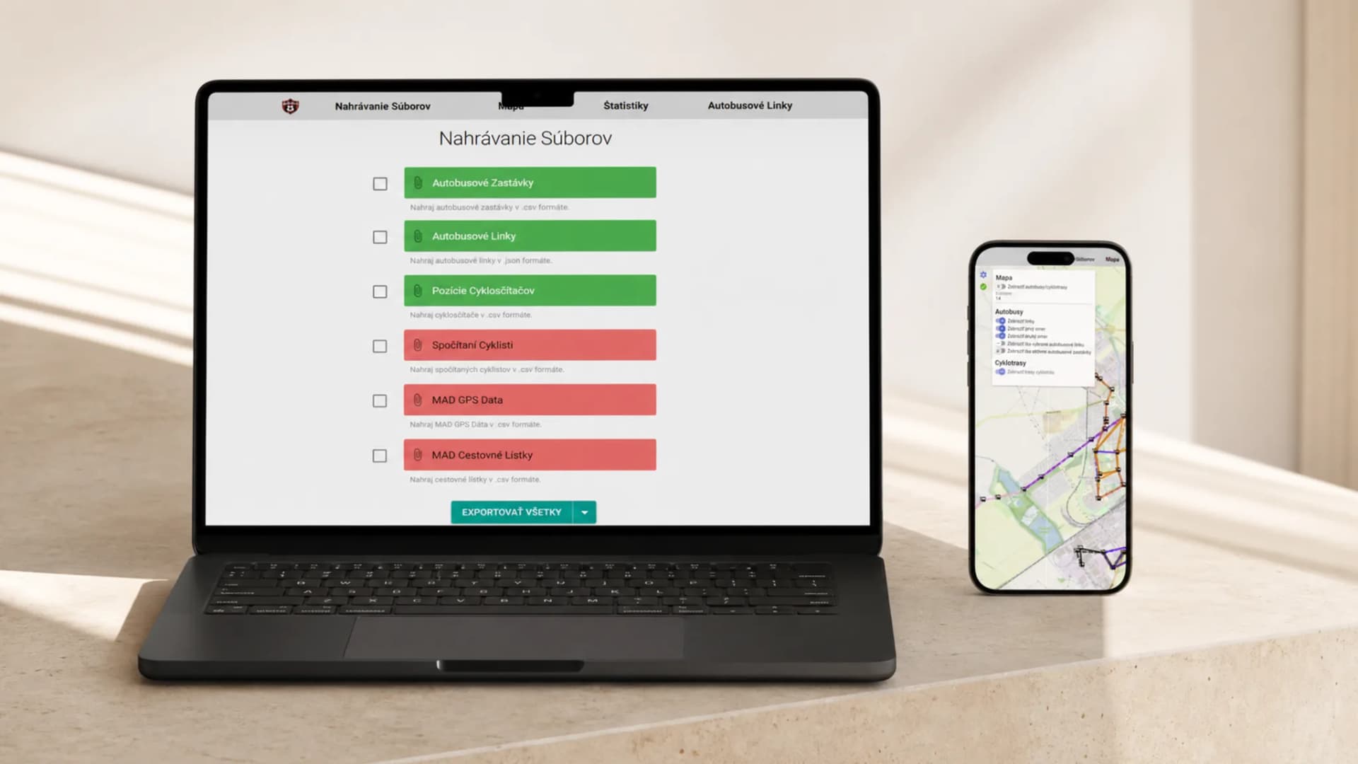 Transport-data import and map context shown on a MacBook and iPhone