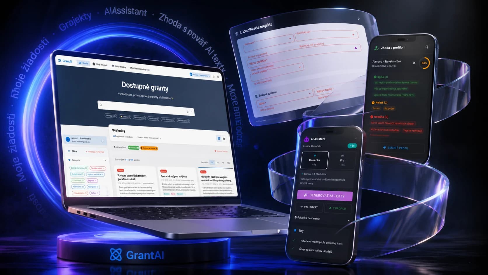 GrantAI on laptop and mobile screens with grant search and an AI assistant