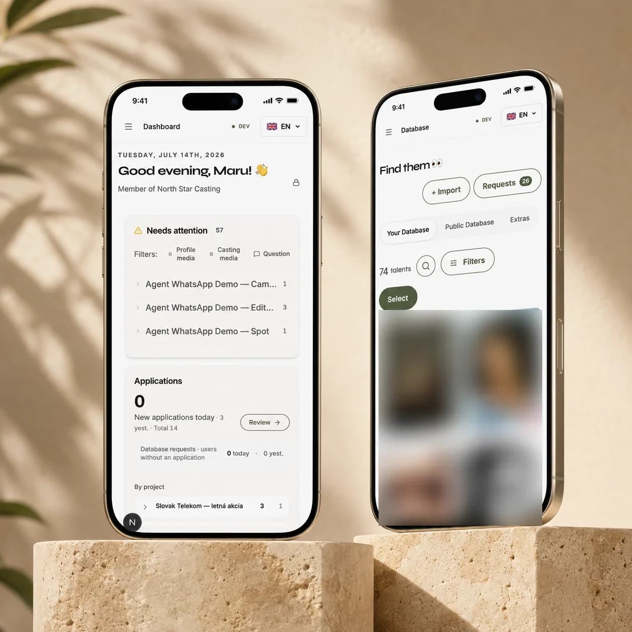 Mobilní dashboard a databáze talentů platformy Slates