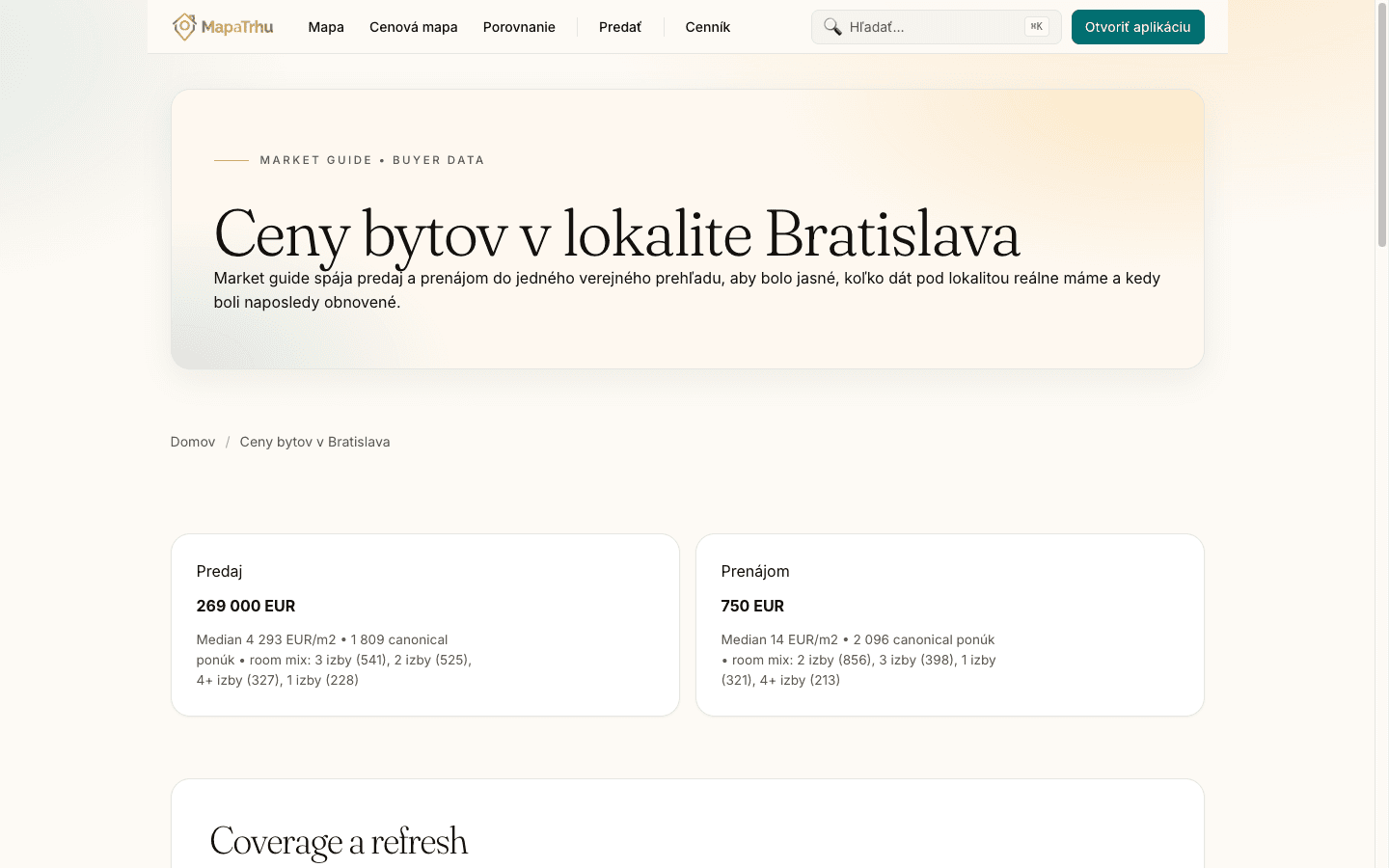 Preview of the Bratislava apartment price guide on MapaTrhu