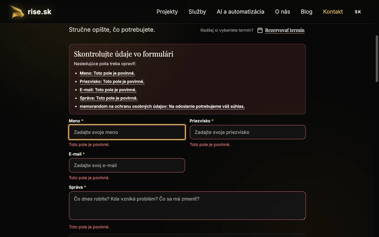 Kontaktný formulár Rise.sk so súhrnom chýb a textovým vysvetlením pri poliach