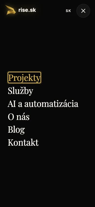 Mobilná navigácia Rise.sk s výrazným dvojvrstvovým fokusom na odkaze