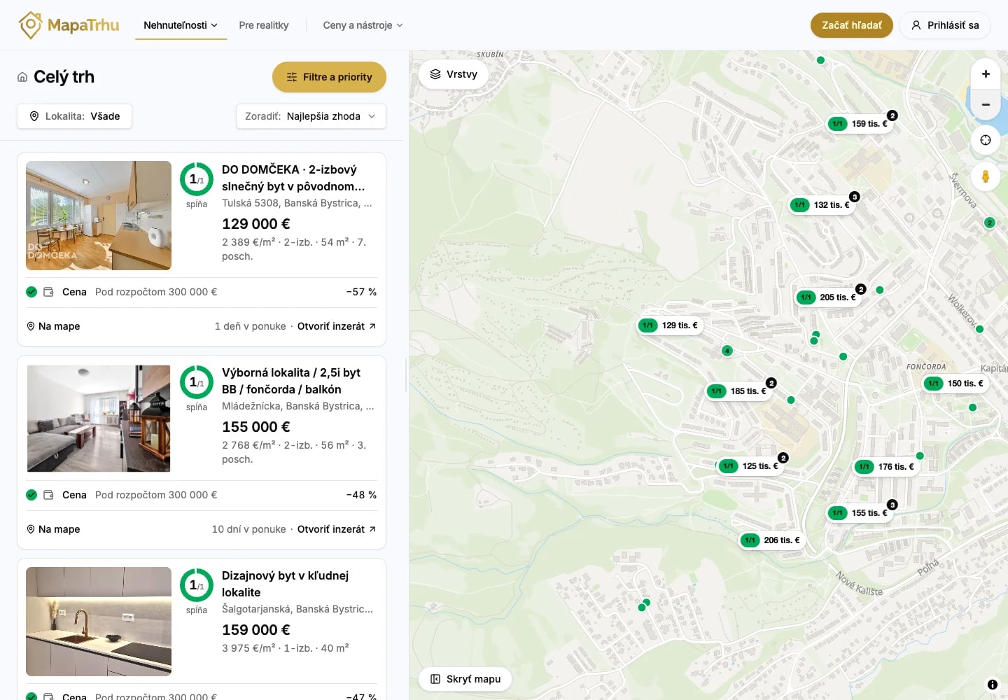 Mapa nabídek v MapaTrhu V3 propojená se seznamem