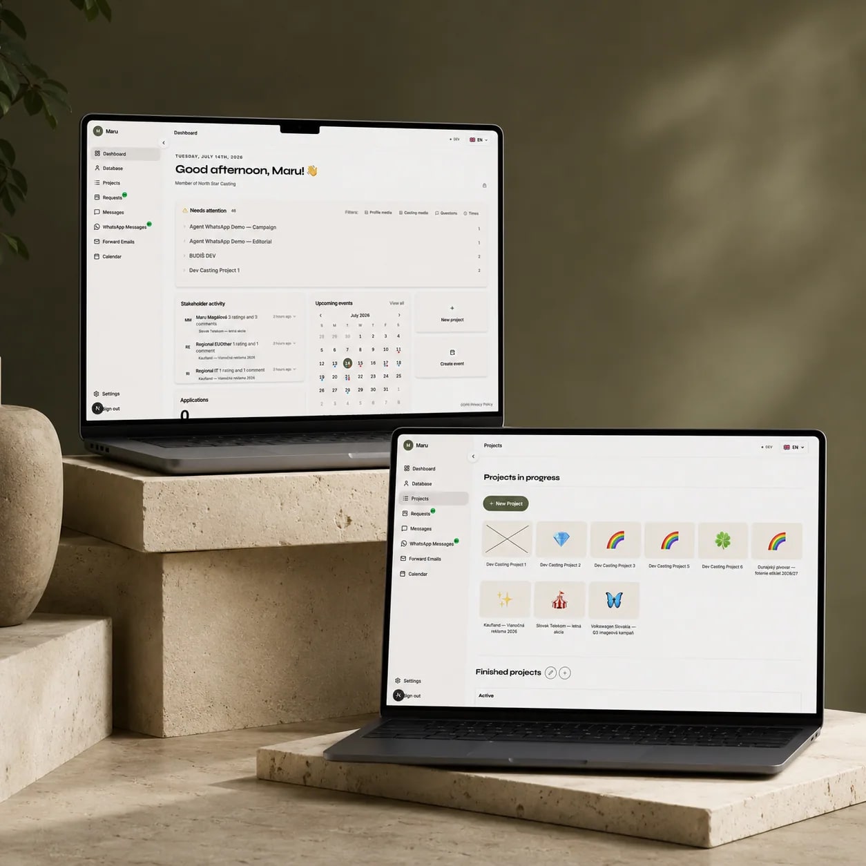 Slates dashboard and casting calls on two laptops