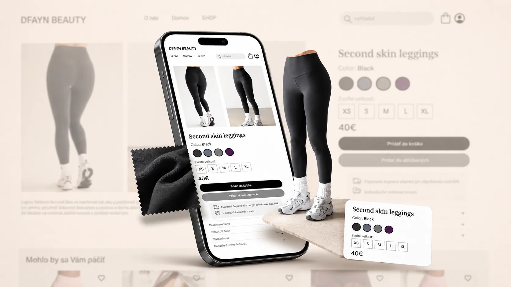 Detail produktu z konceptu e-shopu DFAYN BEAUTY na displeji telefonu