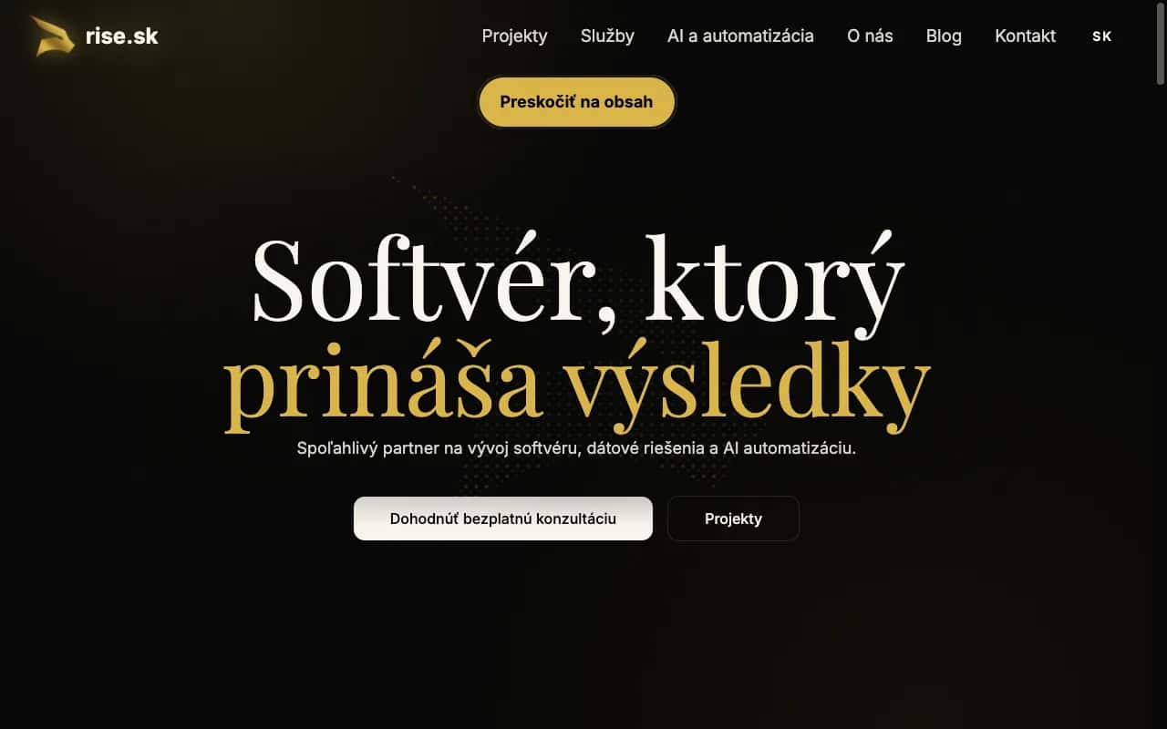 Rise.sk home page with the Skip to content link visible during keyboard navigation