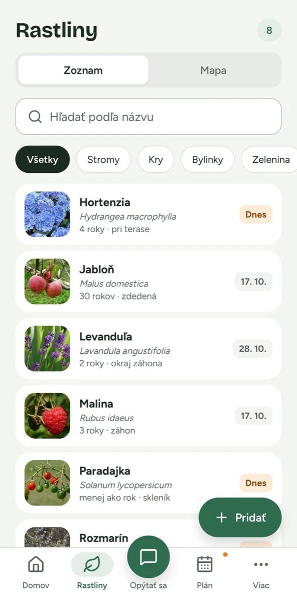 Seznam rostlin a navigace webové verze Flori