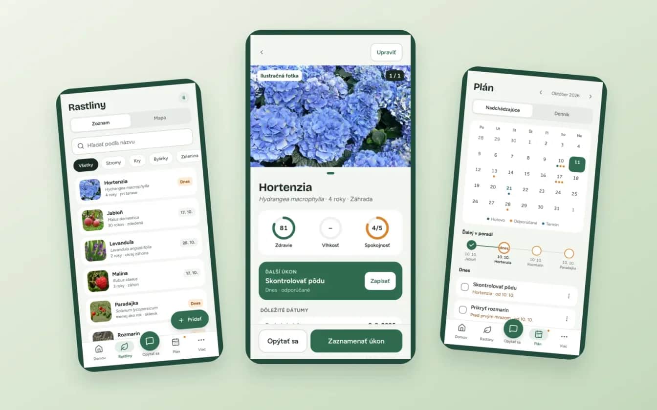 Flori web app with plant collection and care screens