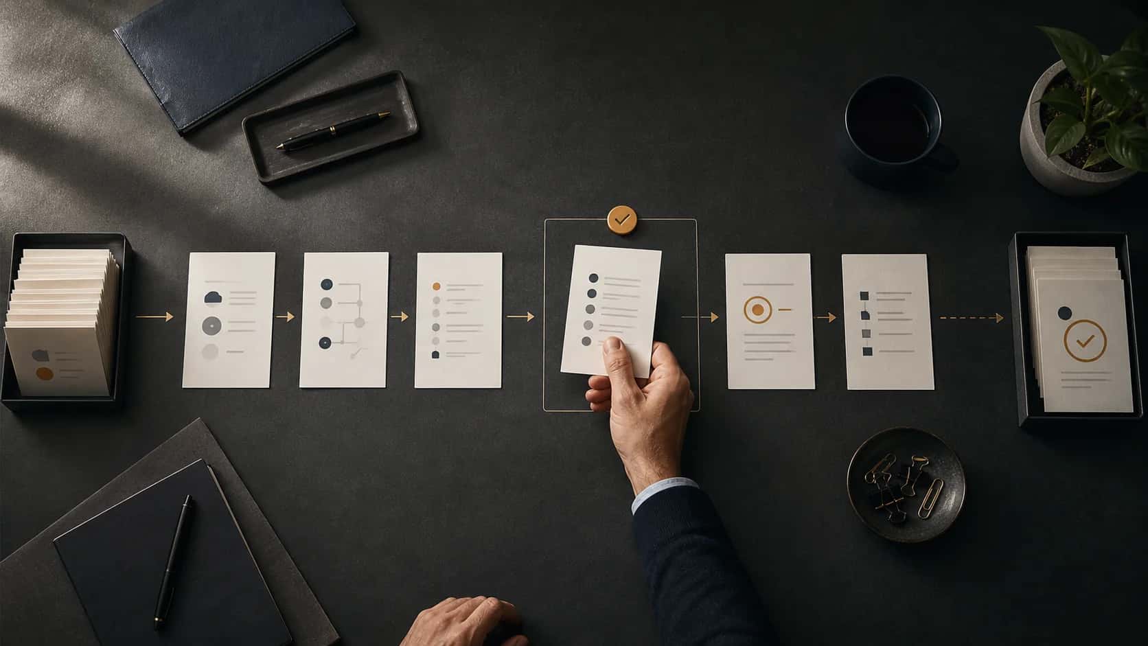 A process map with a human review point before an automated action