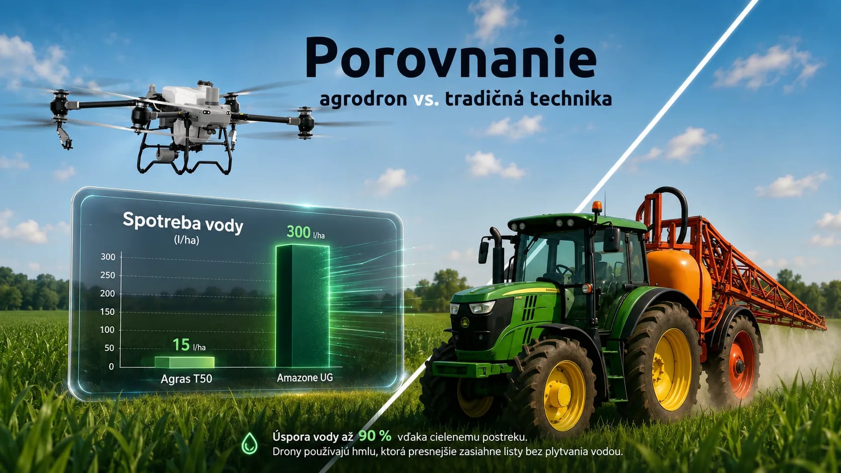 An agricultural drone compared with a tractor sprayer, with a water-use chart