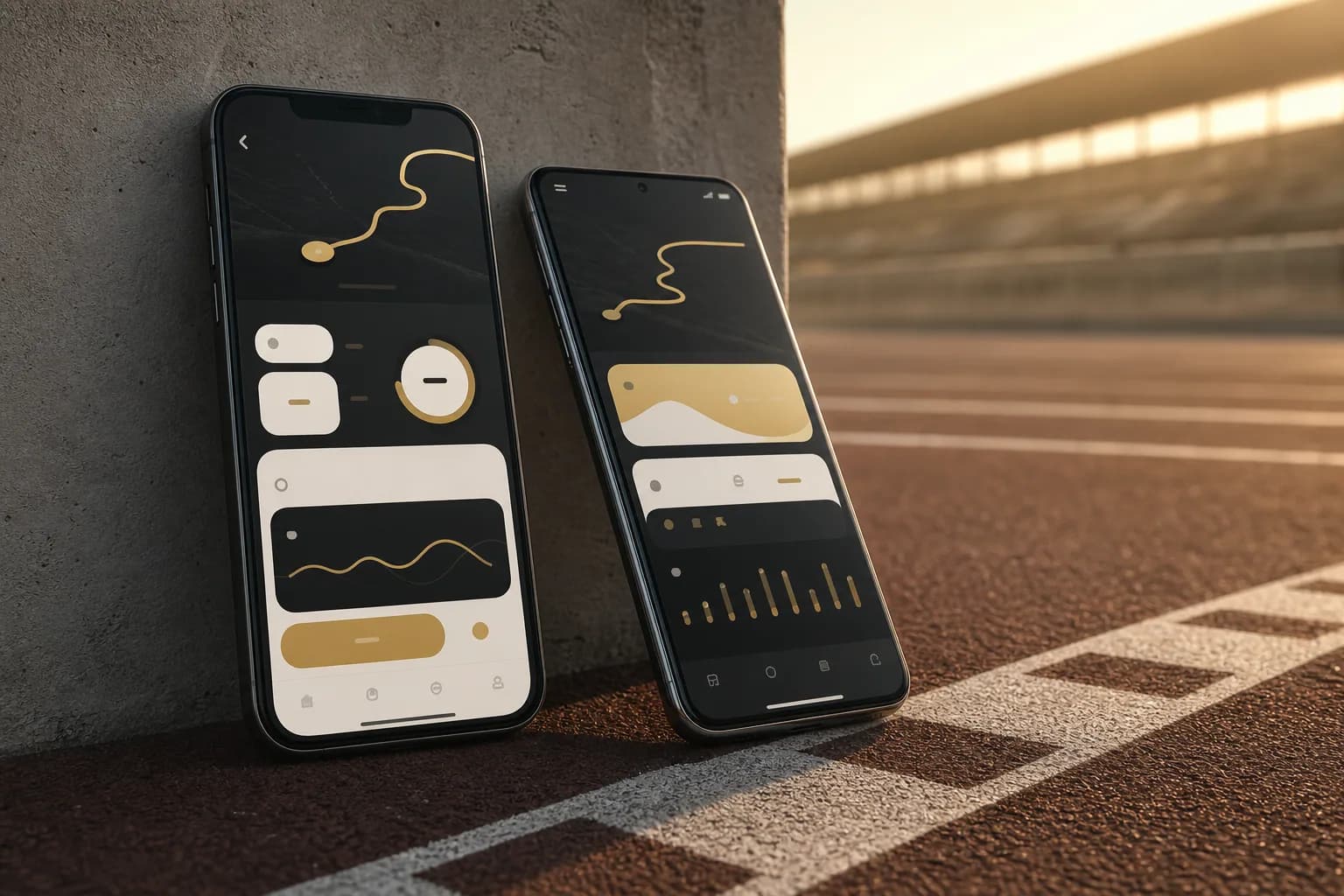 Two anonymised phones beside the finish line of a running track