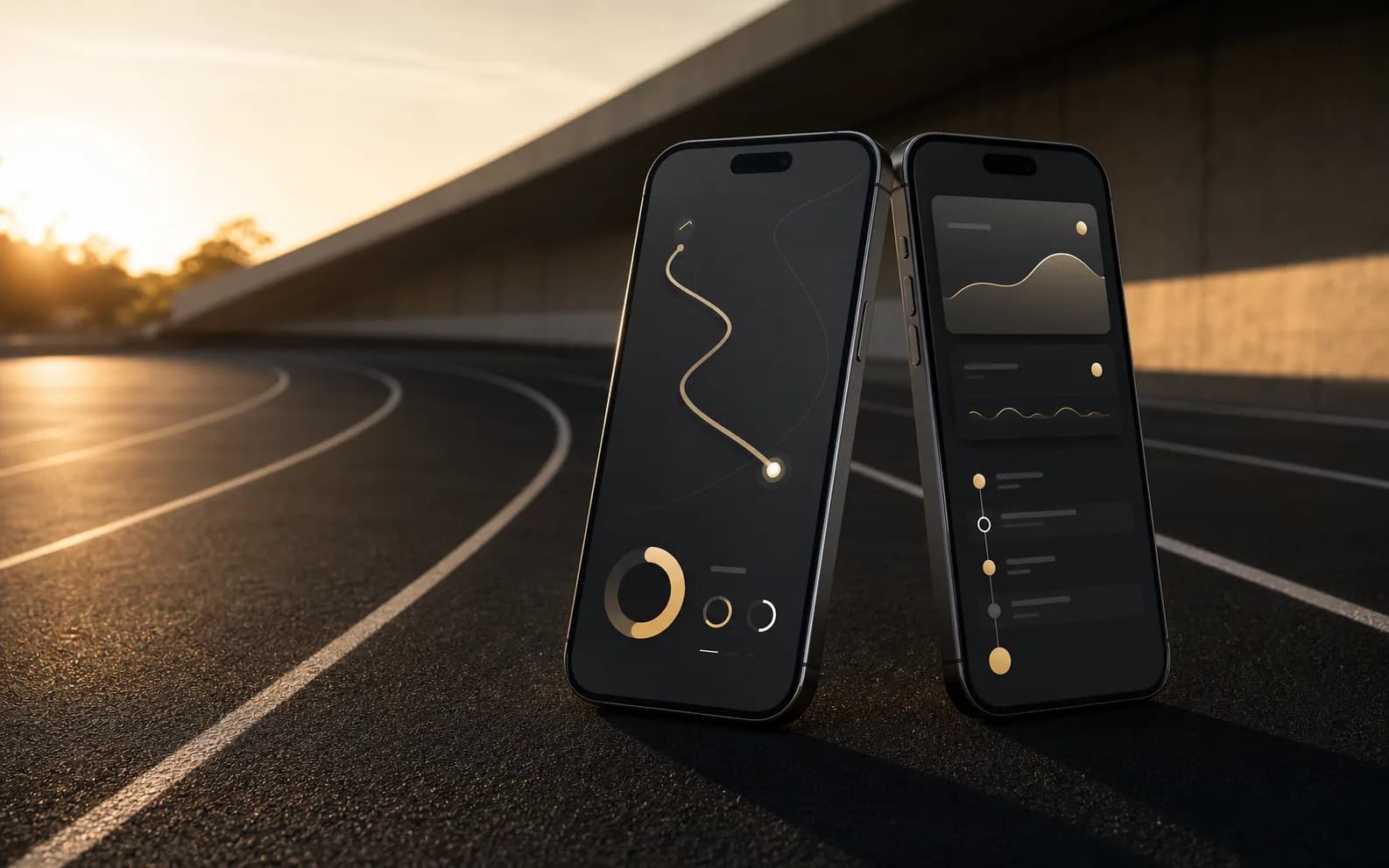 Two anonymised mobile concepts positioned beside a running track