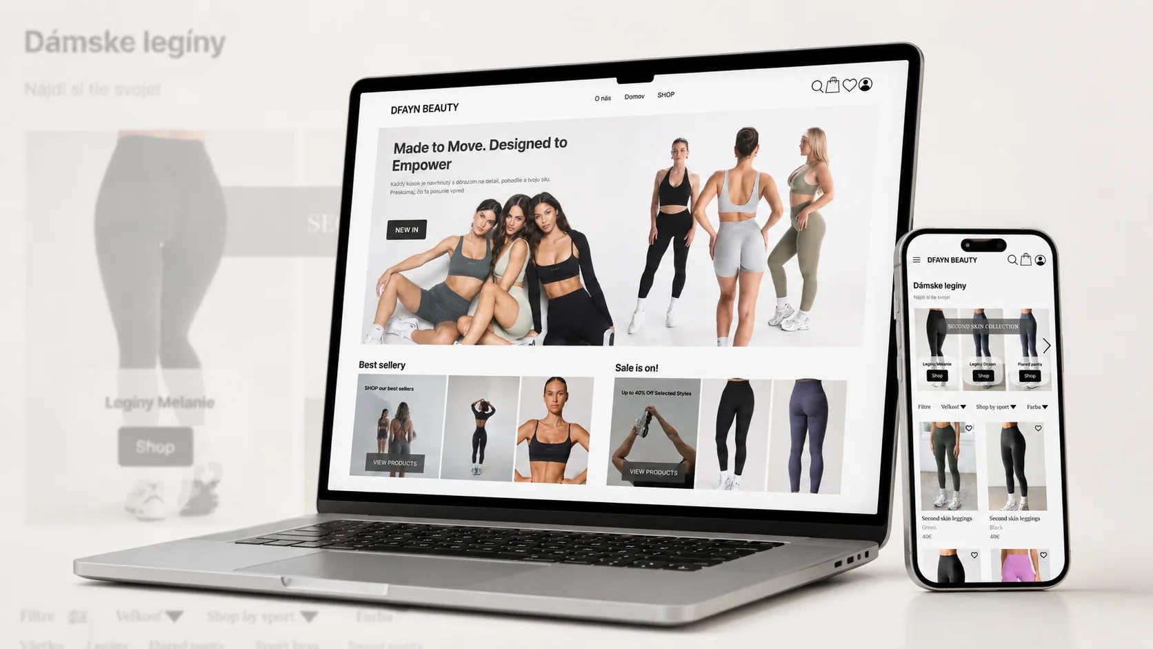 The DFAYN BEAUTY homepage on a laptop and the leggings catalogue on a phone