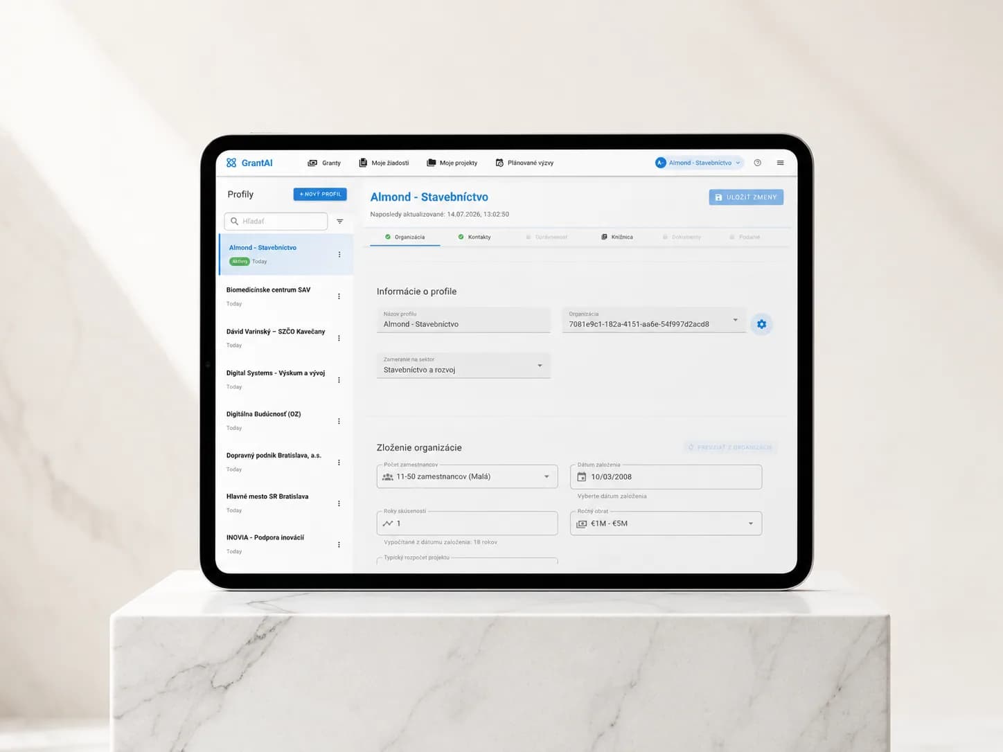 GrantAI applicant profile on a tablet