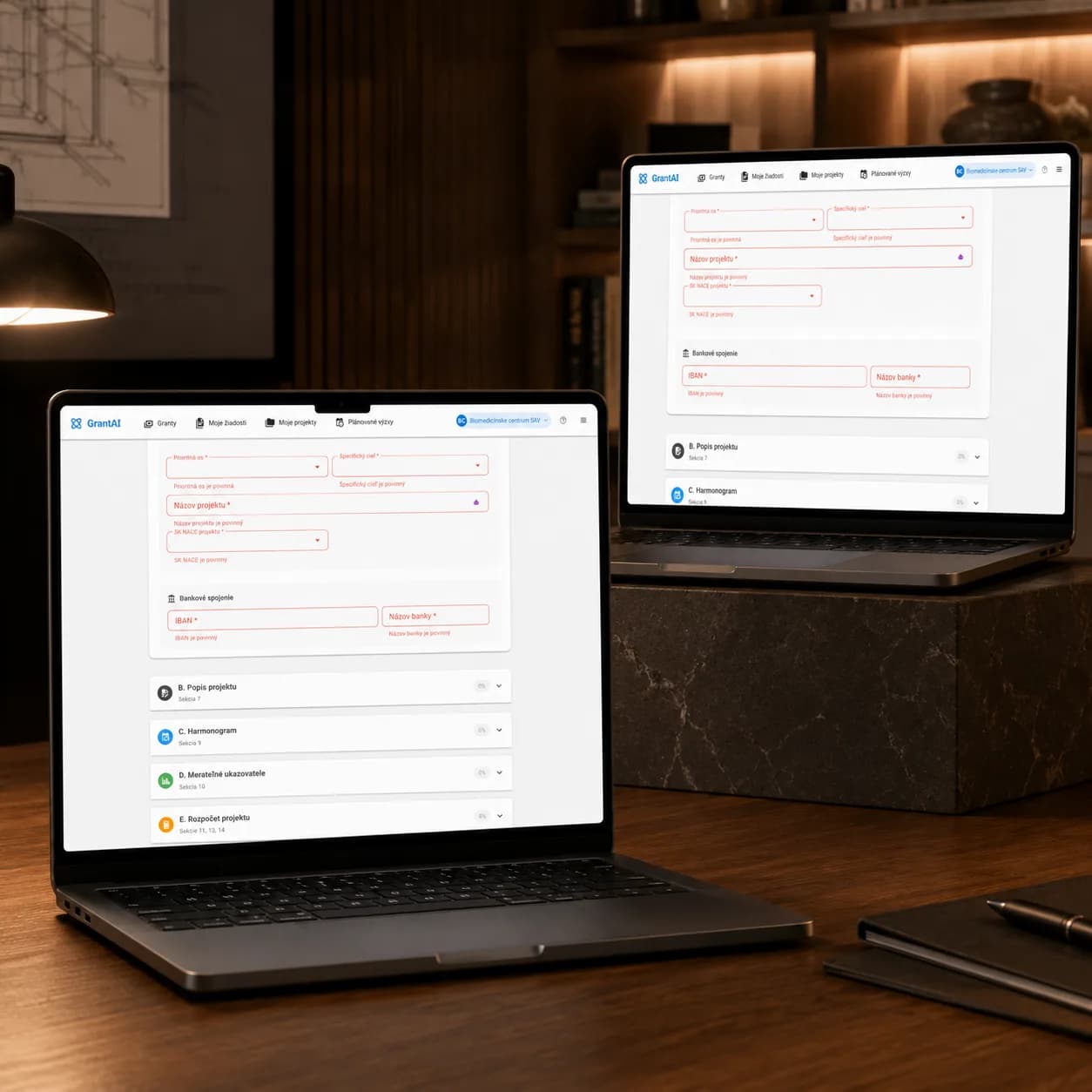 GrantAI application checklist across laptops