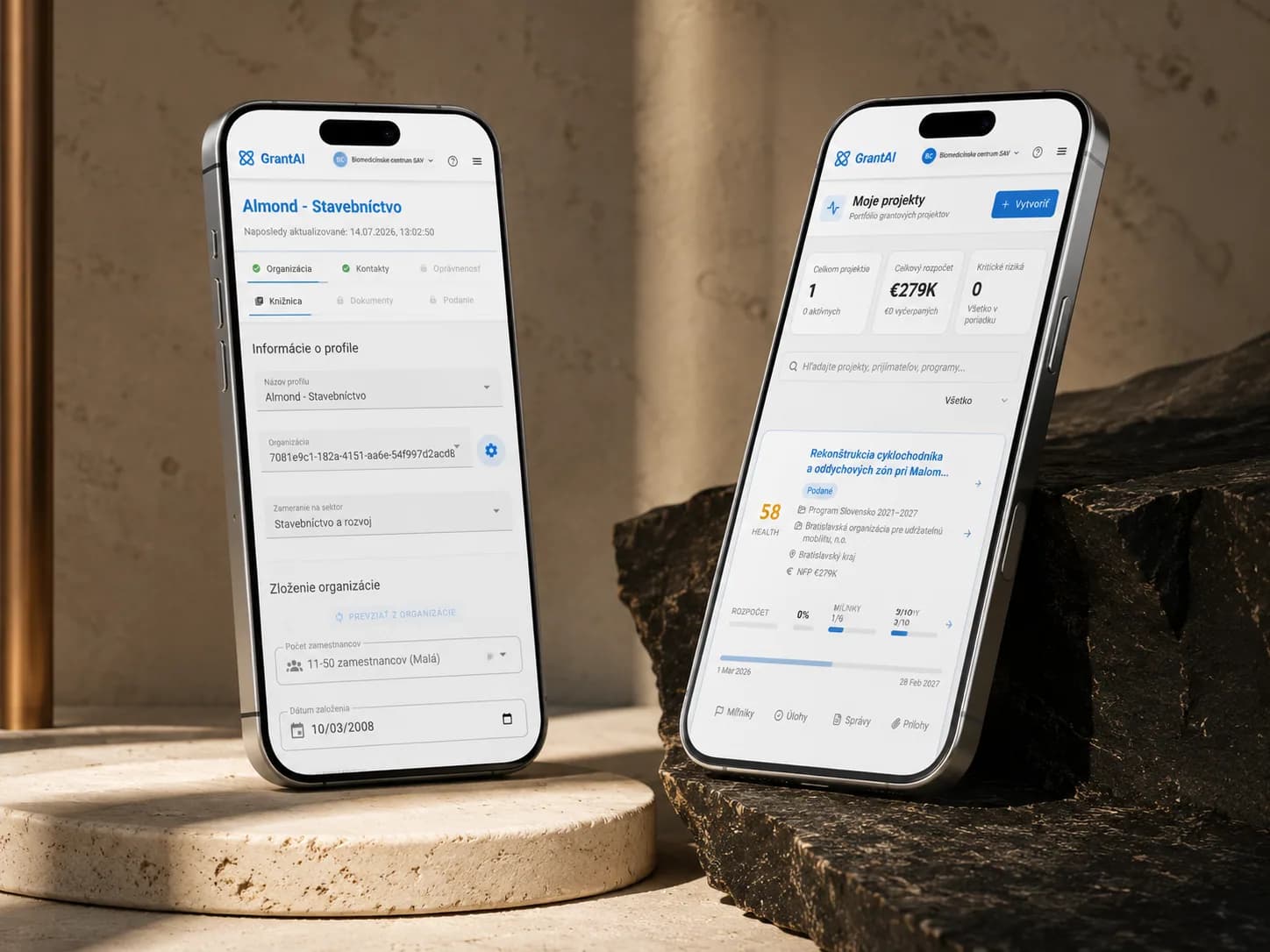 GrantAI applicant profile and project data on phones