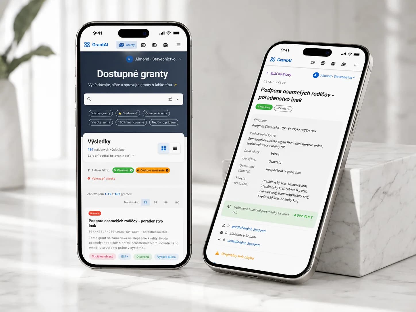 GrantAI mobile dashboard and grant-call detail