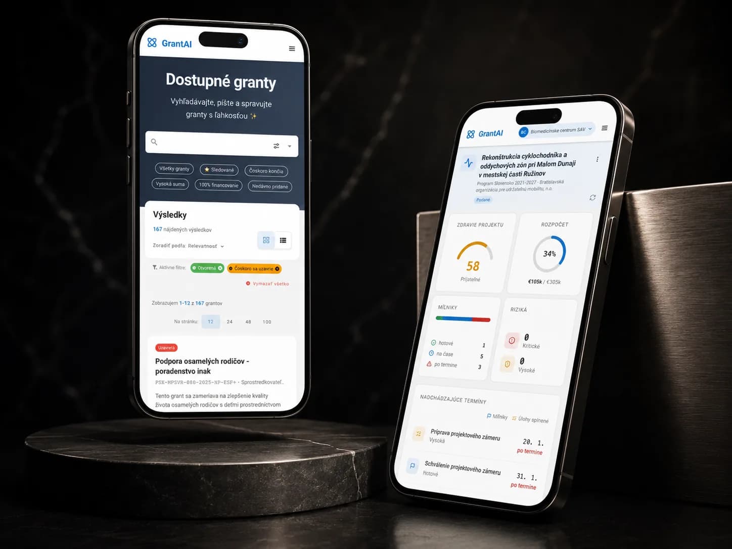 Přehled výzev GrantAI a zdraví schváleného projektu na mobilech