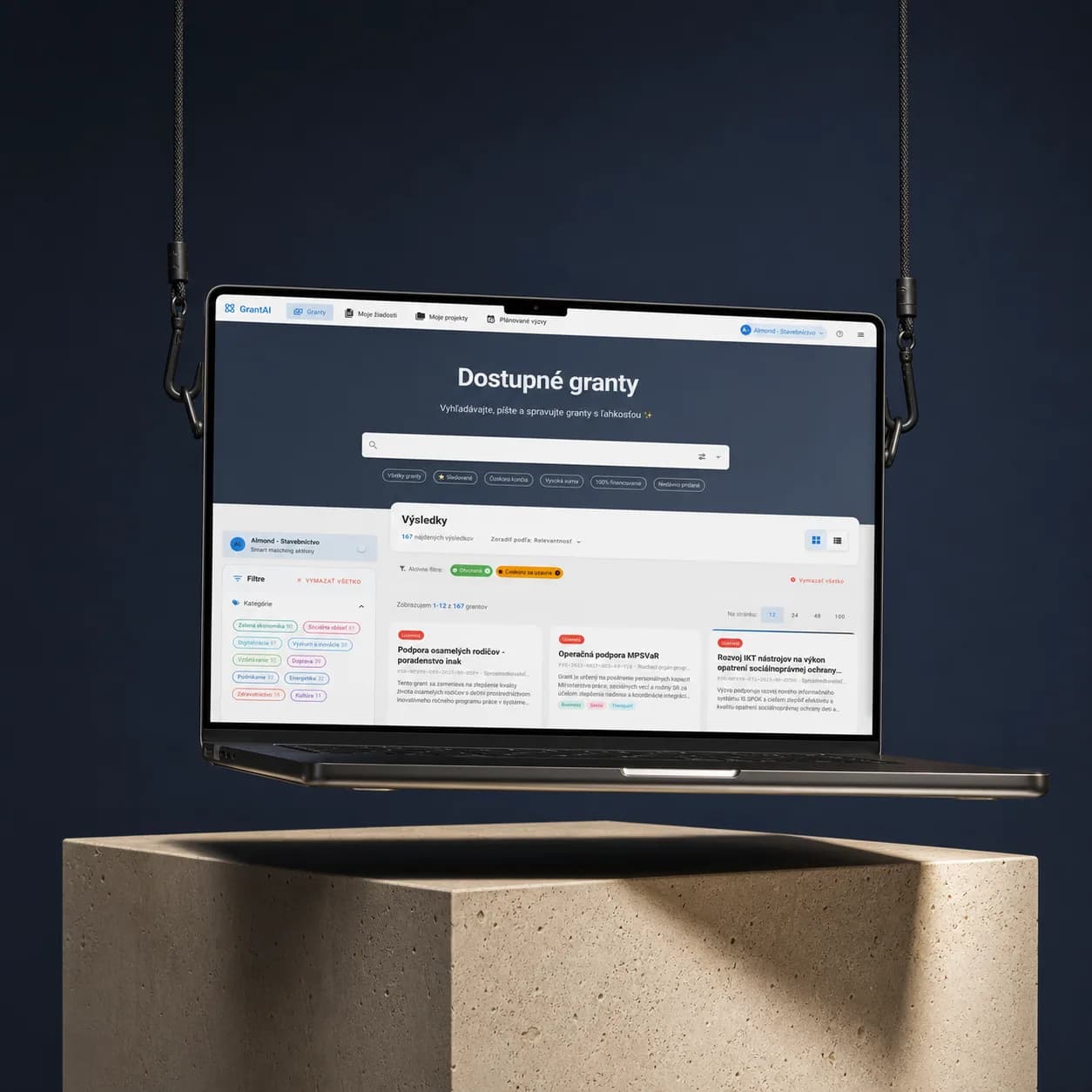 GrantAI dashboard on a monitor in a dark interior