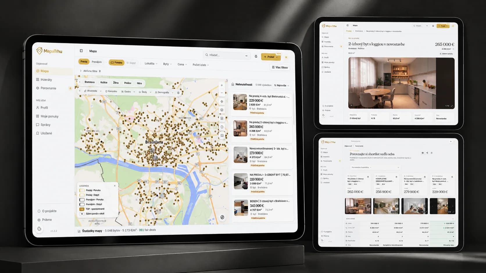 MapaTrhu map, listing detail, and comparison across three devices