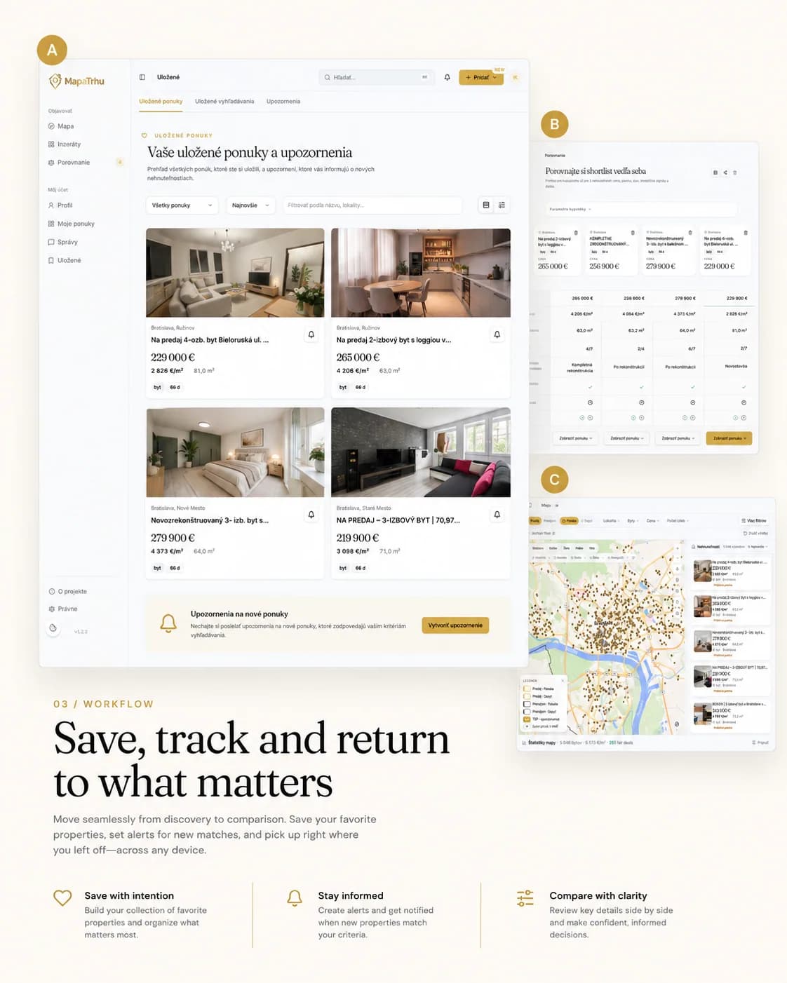 Saved properties, alerts, and comparison in MapaTrhu