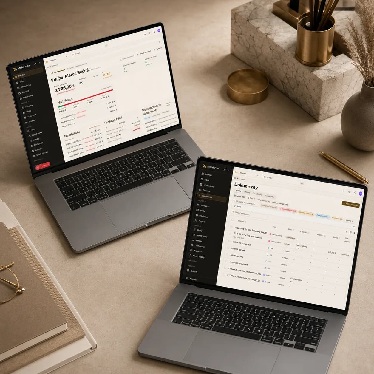 MojaFirma dashboard and documents on a workspace desk