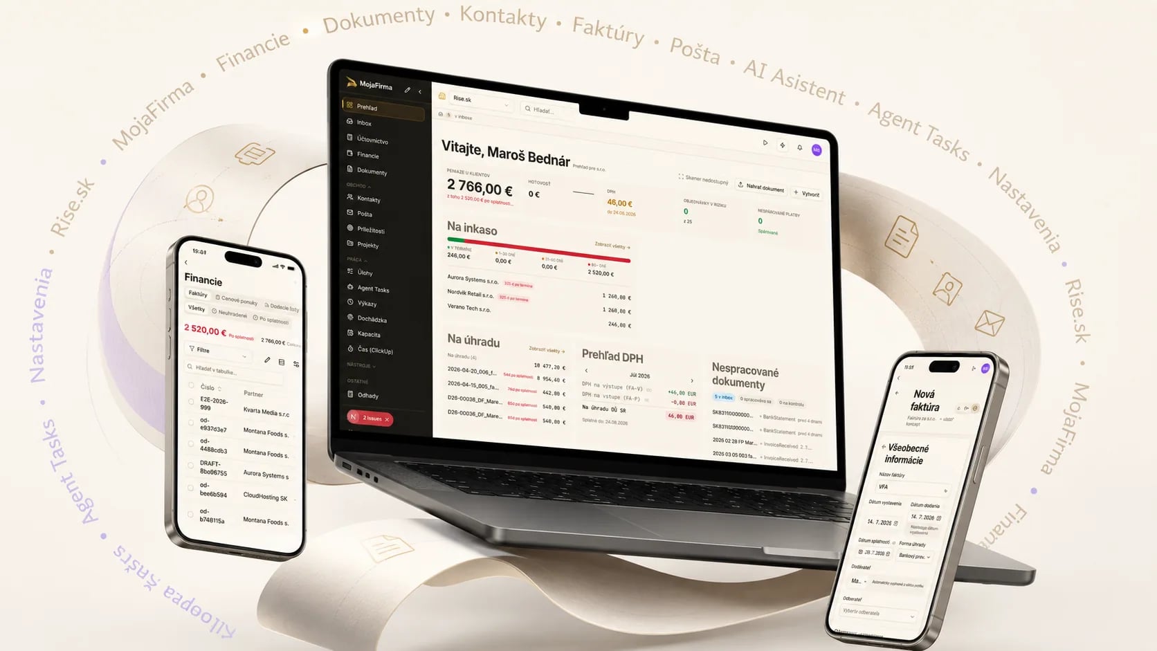 MojaFirma finance dashboard and invoice creation on a laptop and phones