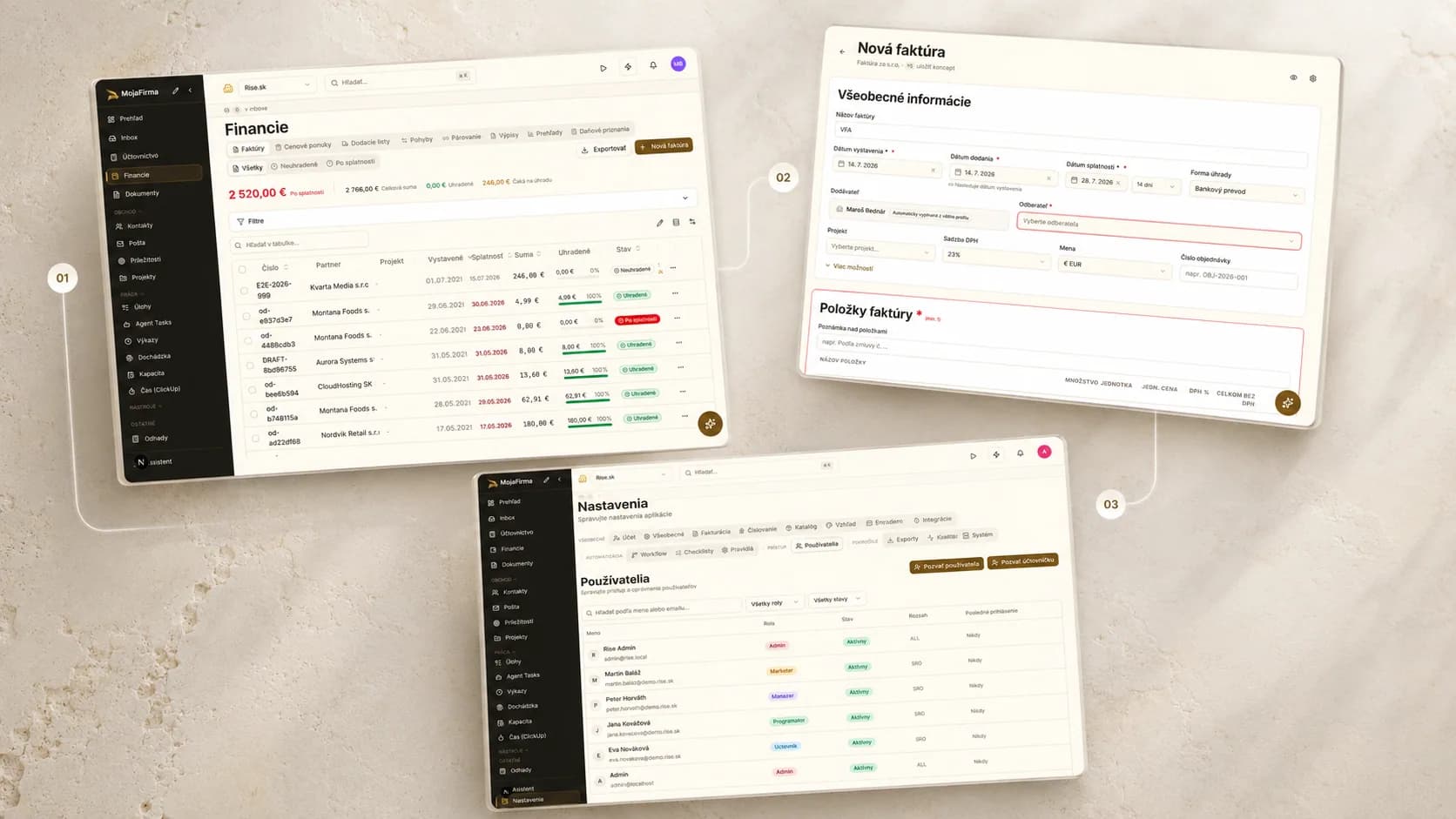 MojaFirma finance, new invoice, and settings