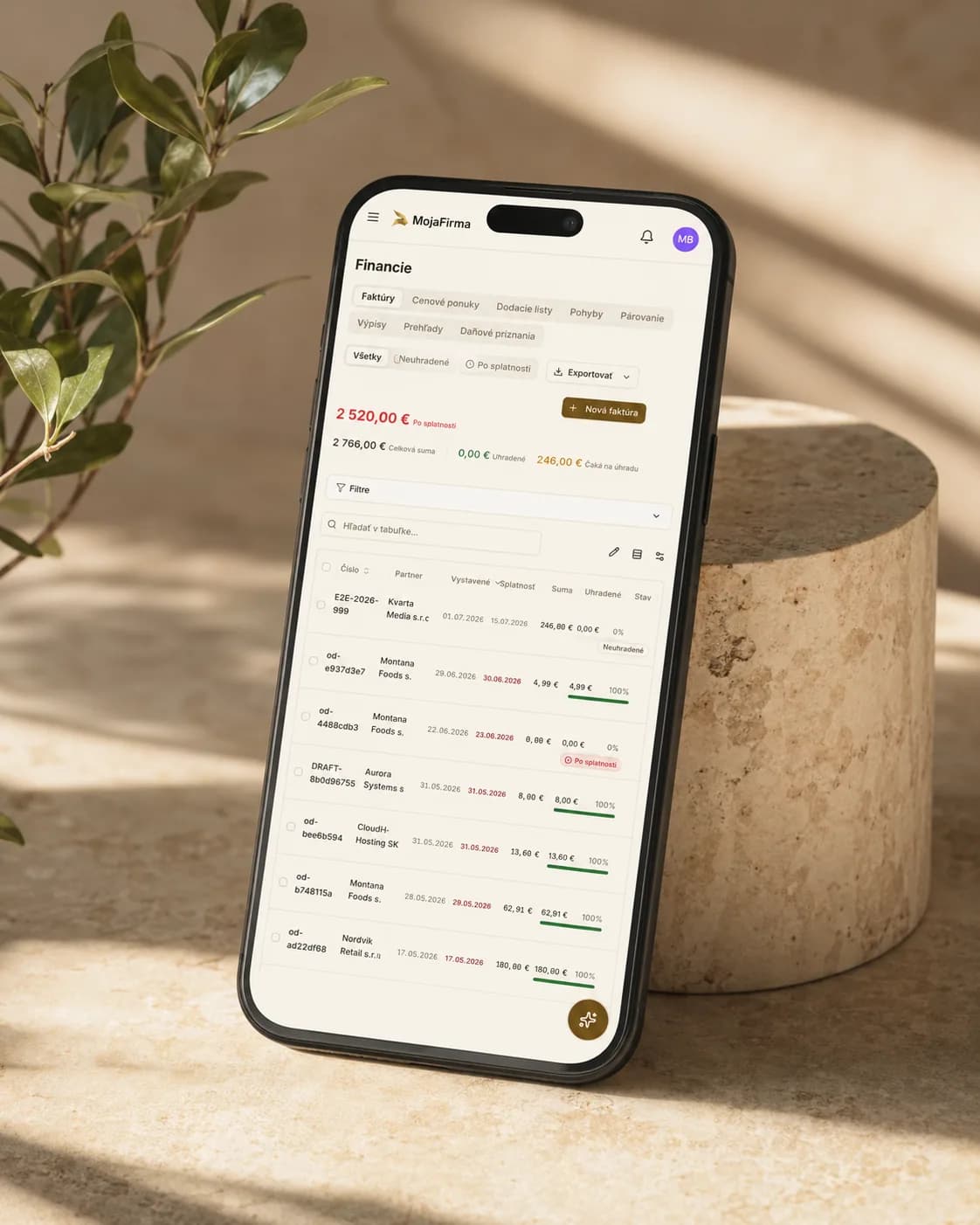 MojaFirma finance overview on a phone