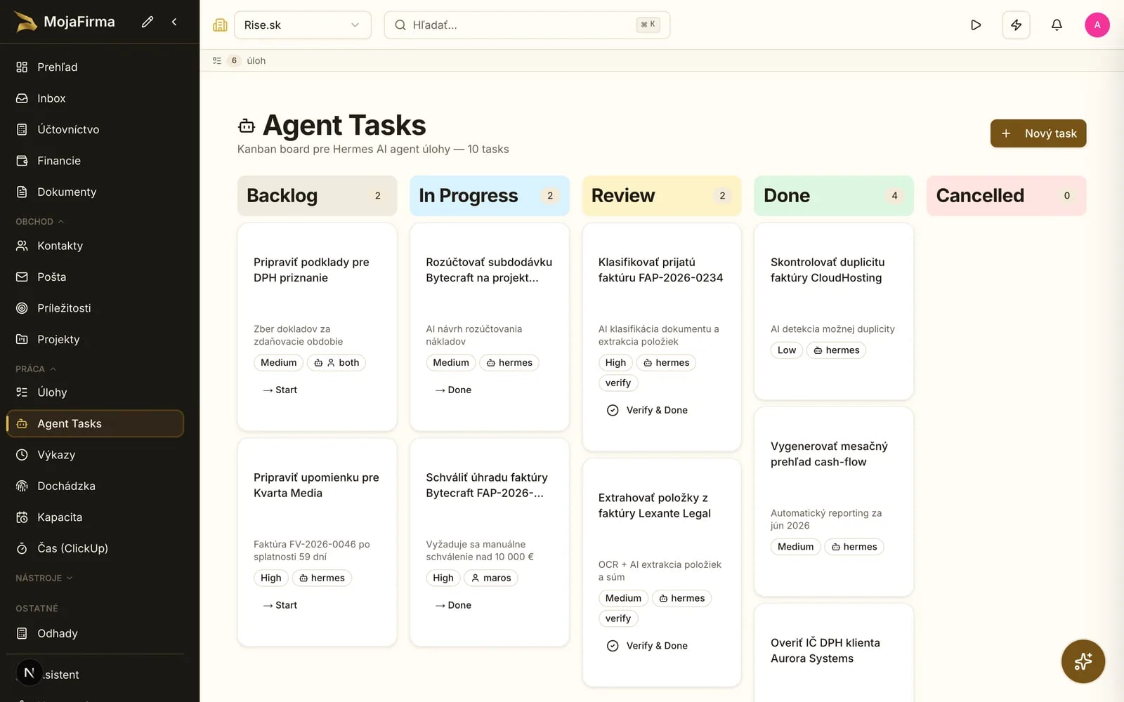 Review panel for an automated task result in MojaFirma