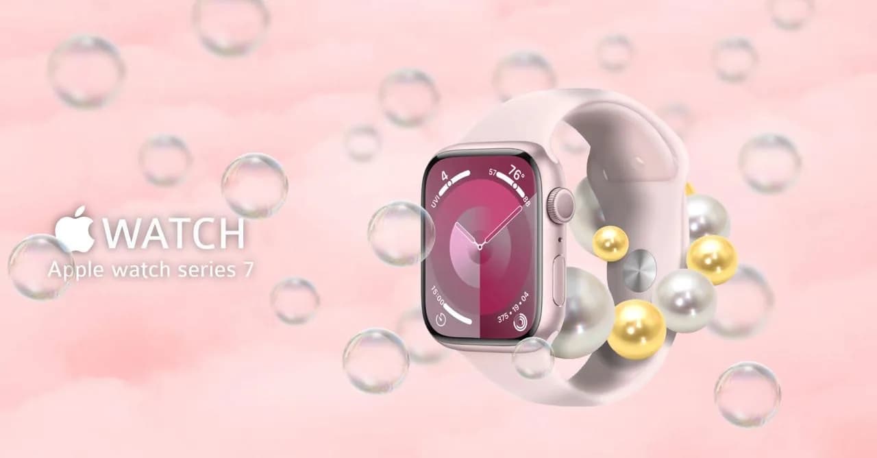 Horizontální banner s hodinkami Apple Watch na růžovém pozadí s bublinami