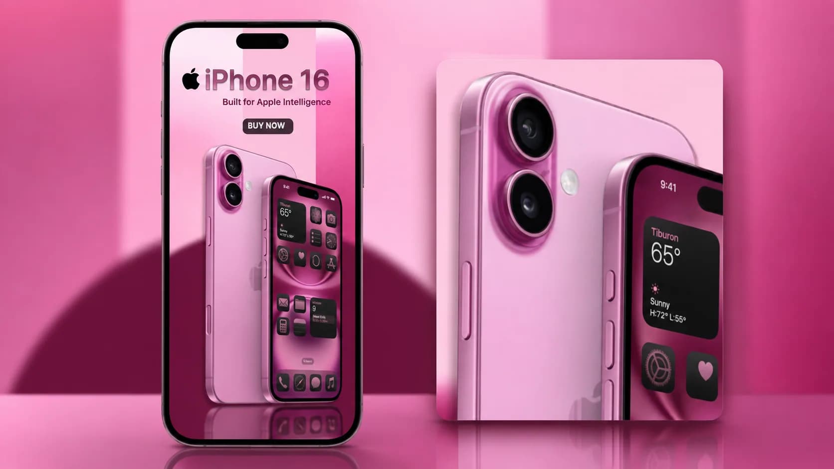 Tentýž vertikální vizuál iPhone 16 v tmavší růžové scéně