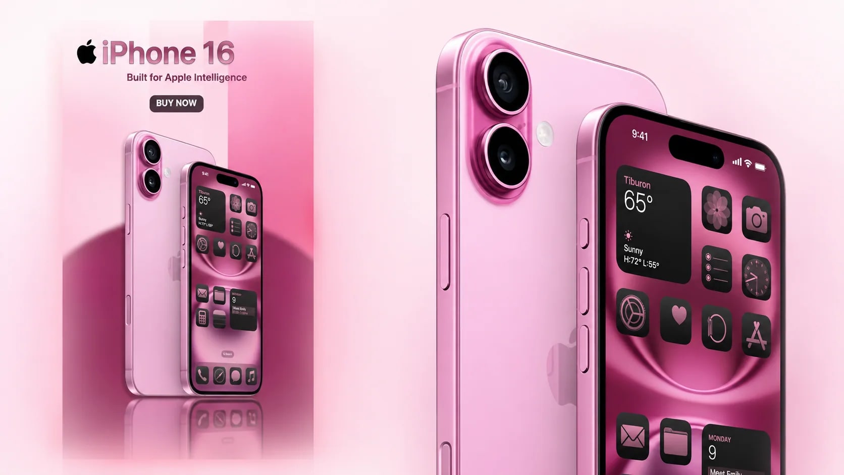 The vertical iPhone 16 product visual on a light background, with a camera close-up
