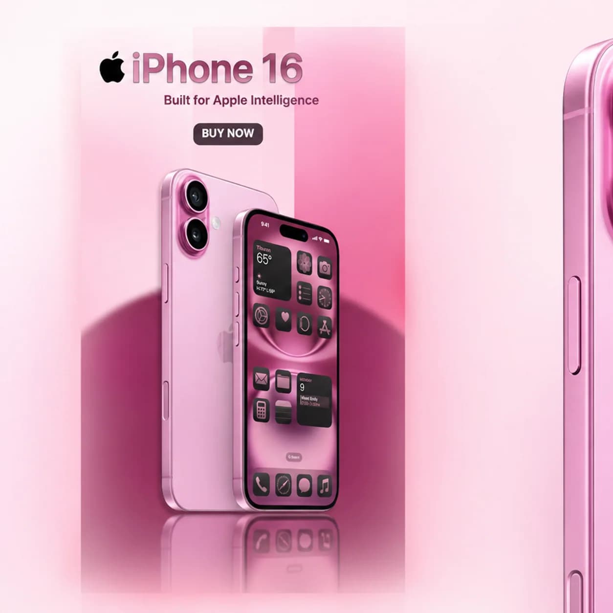 Vertikální produktový vizuál iPhone 16 s nadpisem a tlačítkem