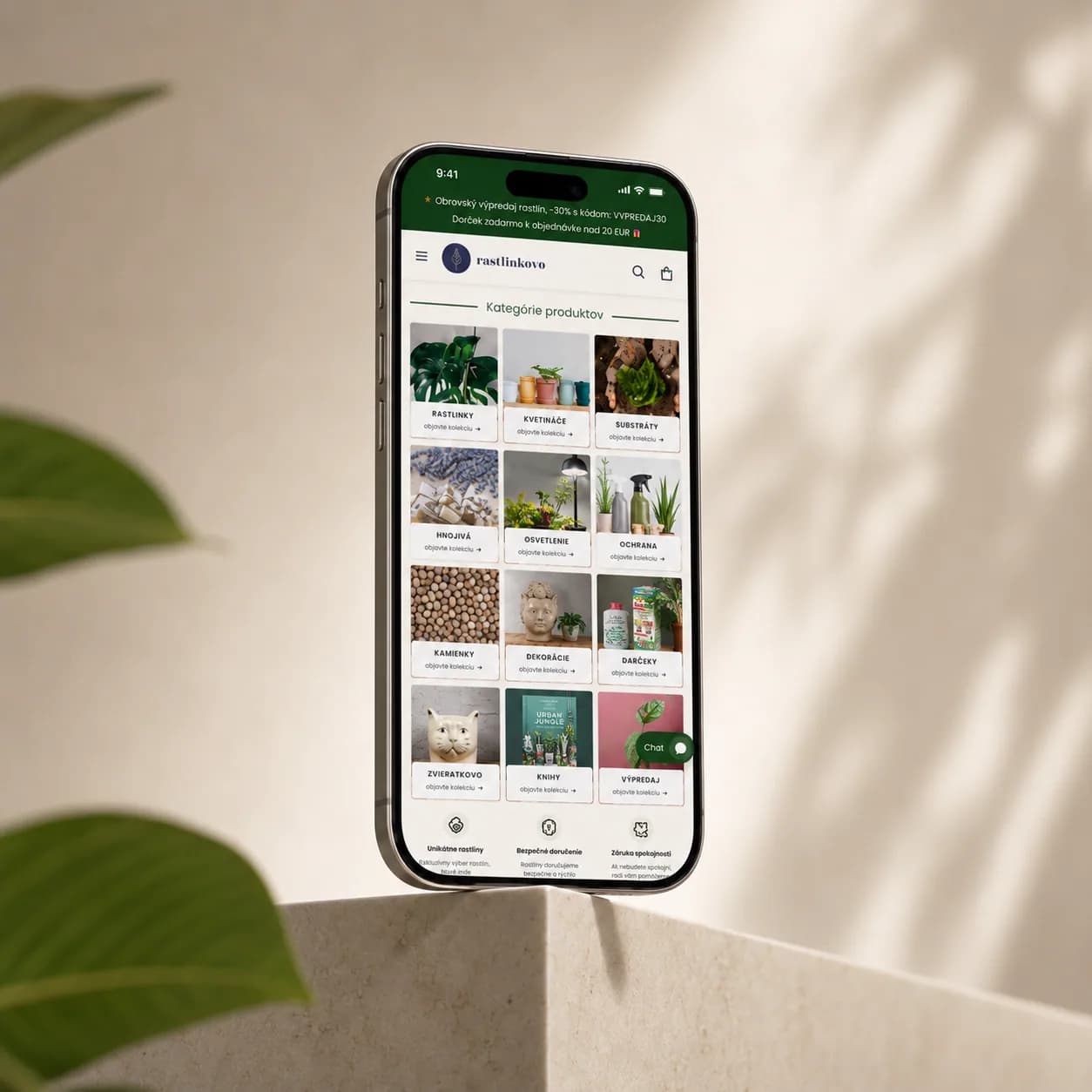 Rastlinkovo product categories on a phone